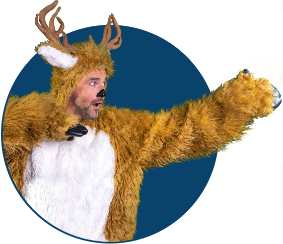 Lucky Buck using his arms to guide you to the Jackpot Games results.